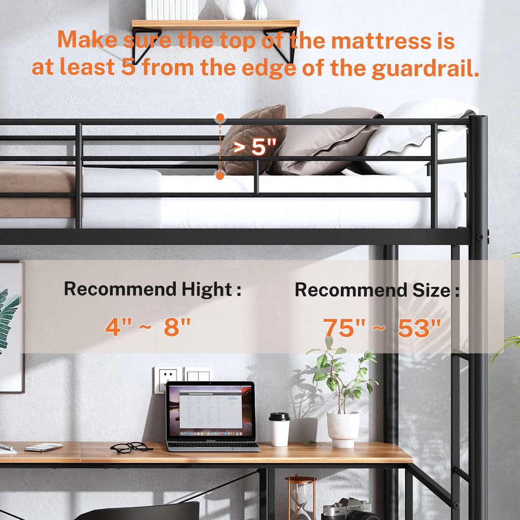 Black Twin Metal Loft Bed with Desk and 4 Shelves T685