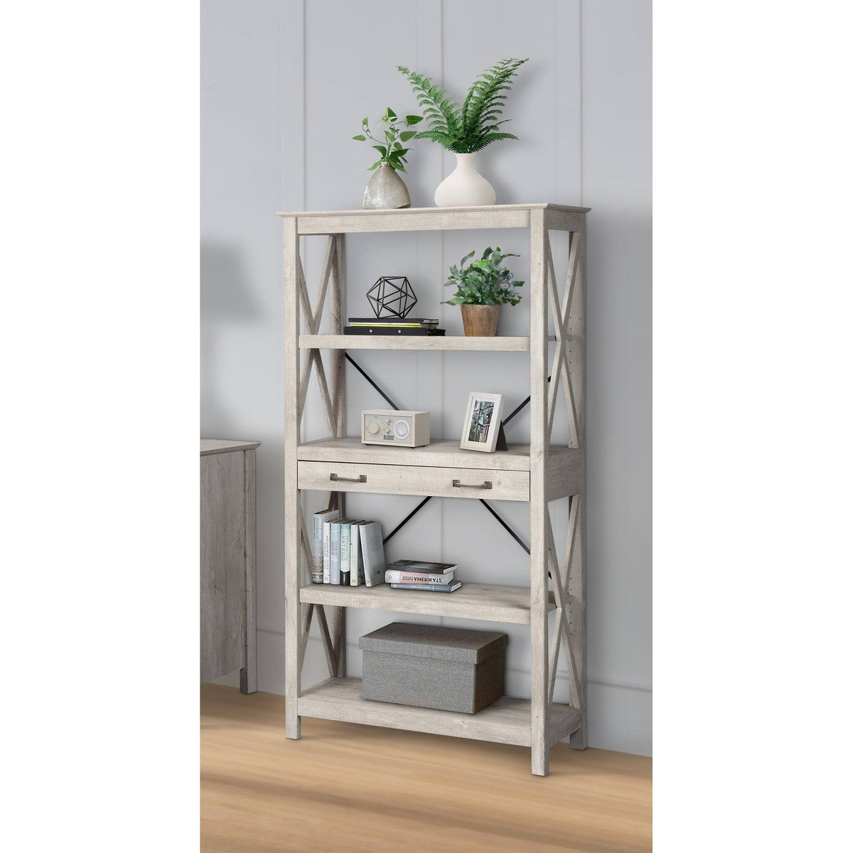 Washed Gray Bookcase with 2 Drawers O82626