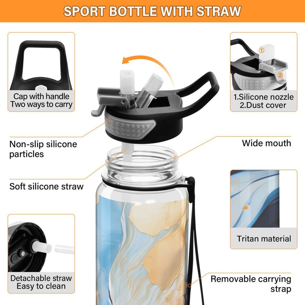 Marble Blue and Gold 32oz Tritan Leakproof Water Bottle with Straw Y246