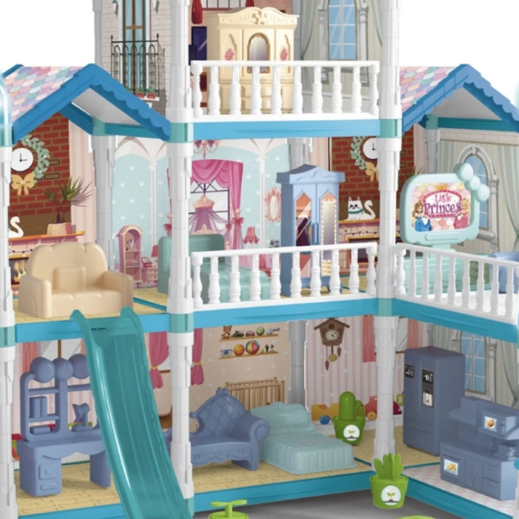 8 Room Dollhouse Play Set with Slide Doll and Furniture Accessories, 191 Pcs F870