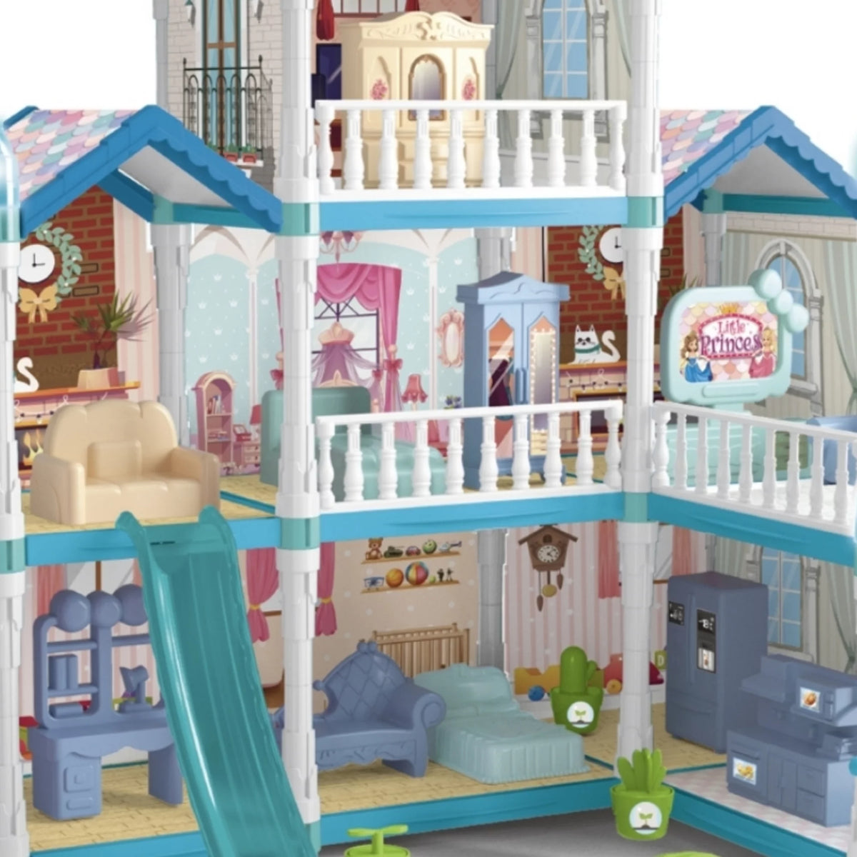 8 Room Dollhouse Play Set with Slide Doll and Furniture Accessories, 191 Pcs F870