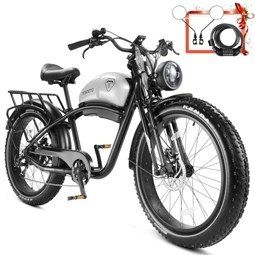 Electric Motorcycle 1500W Motor 52V 20AH 34MPH 75Mils Retro Style Moped Ebike 26"x4.0" Fat Tire Dual Hydraulic Full Suspension A46104