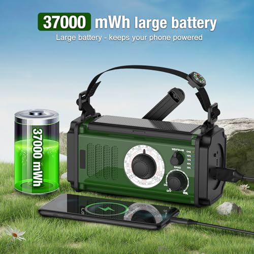 37000mWh Hand Crank Solar NOAA AM FM Weather Radio with Flashlight Reading Lamp SOS Alarm Compass Power Bank P91082