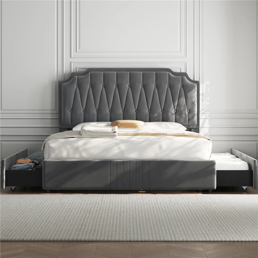 Queen Upholstered Bed with 4 Storage Drawers N9135