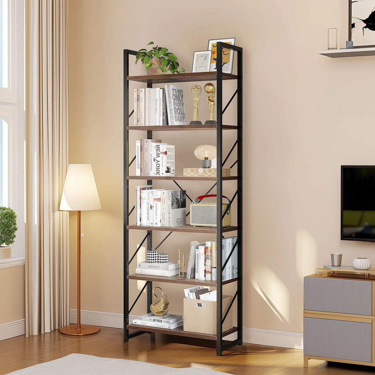 6 Tiers 69 inch Freestanding Bookshelf Black & Brown Z6056