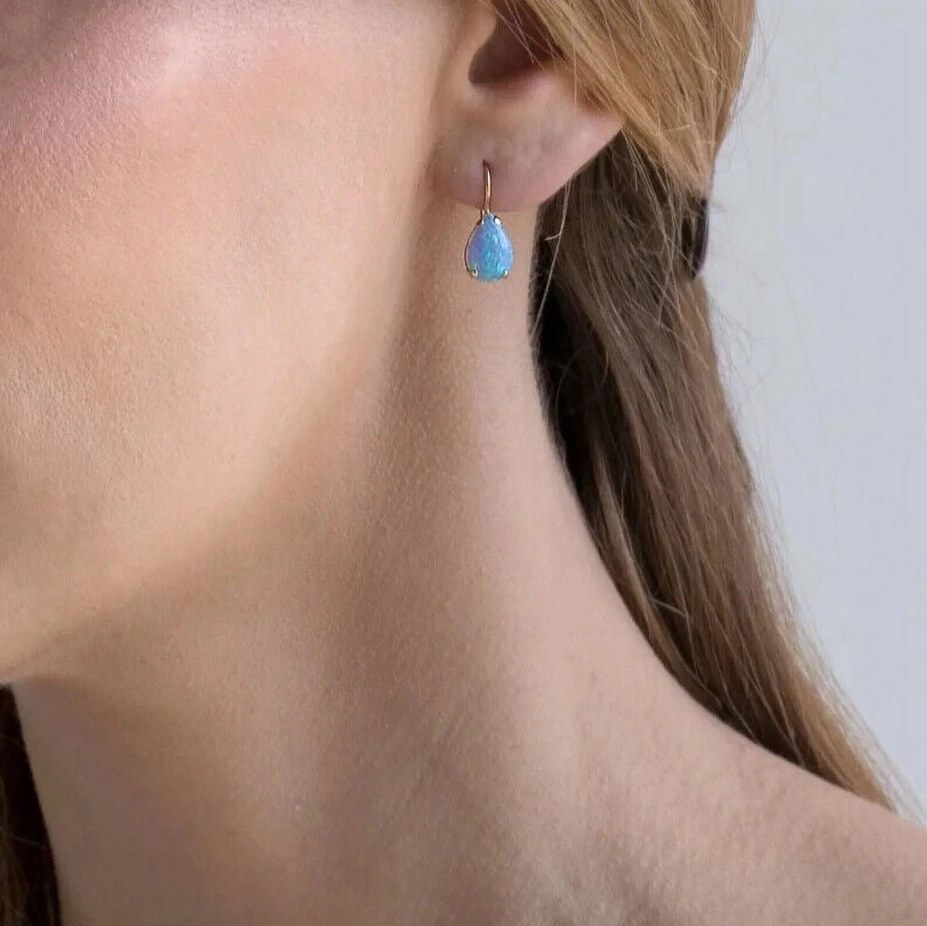 14K Yellow Gold Pear Cut Blue Opal Gemstone Teardrop Earrings W621013