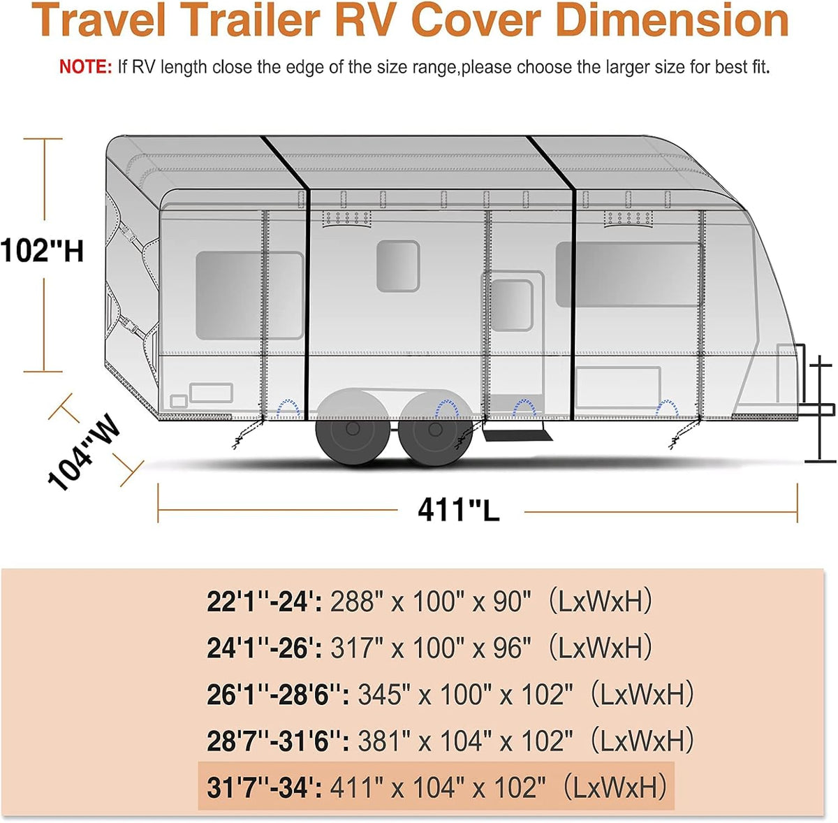 Waterproof Travel Trailer RV Cover with 4 Gutter Spout Covers B873