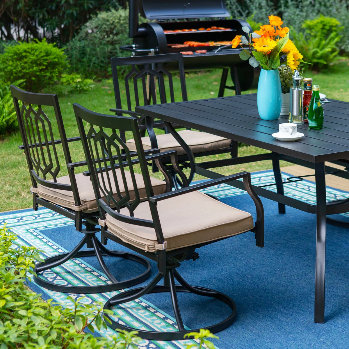 Set of 2 Outdoor Swivel Dining Chairs, Steel Frame with Cushion, Black&Beige G58180