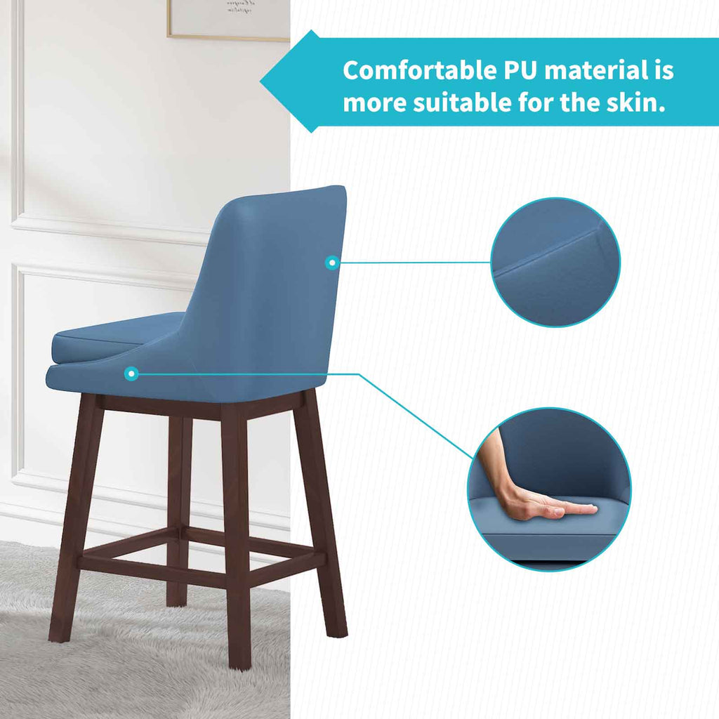 Blue 26" H Swivel Bar Stools Set of 2 with Back, Solid Wood Legs O4451