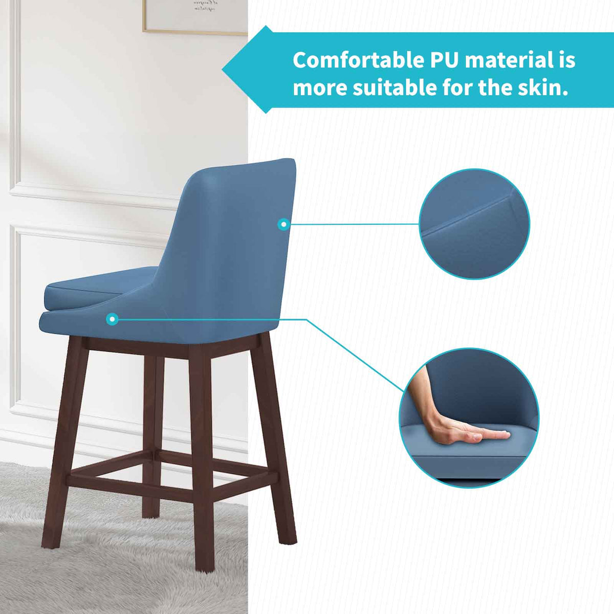 Blue 26" H Swivel Bar Stools Set of 2 with Back, Solid Wood Legs O4451