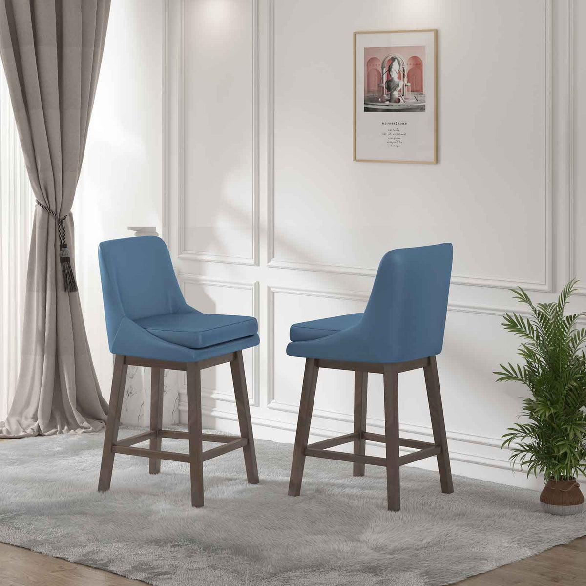 Blue 26" H Swivel Bar Stools Set of 2 with Back, Solid Wood Legs O4451