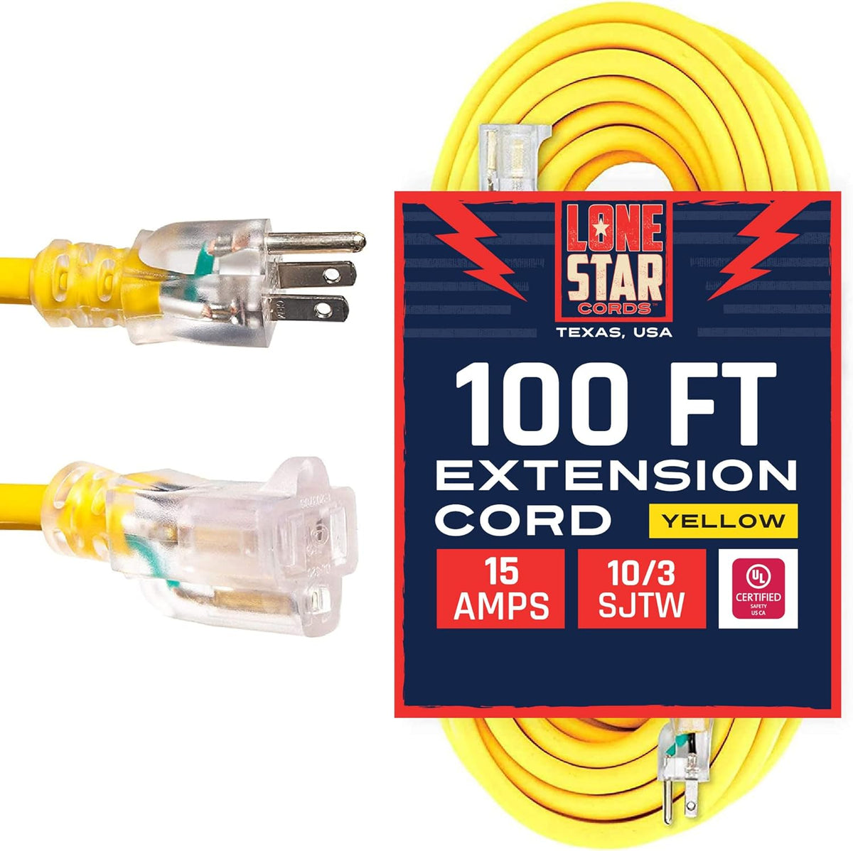 100 Foot 10/3 SJTW Lighted Extension Cord Yellow 3 Prong Grounded Plug 10 Gauge Pack of 2 H568