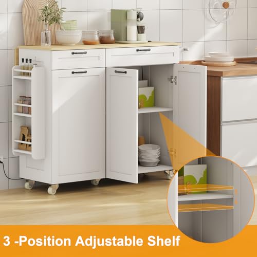 Rolling Kitchen Island with Power Outlet & Drop Leaf, Trash Storage Cabinet, Spice Rack & Towel Rack, Knife Holder B2008