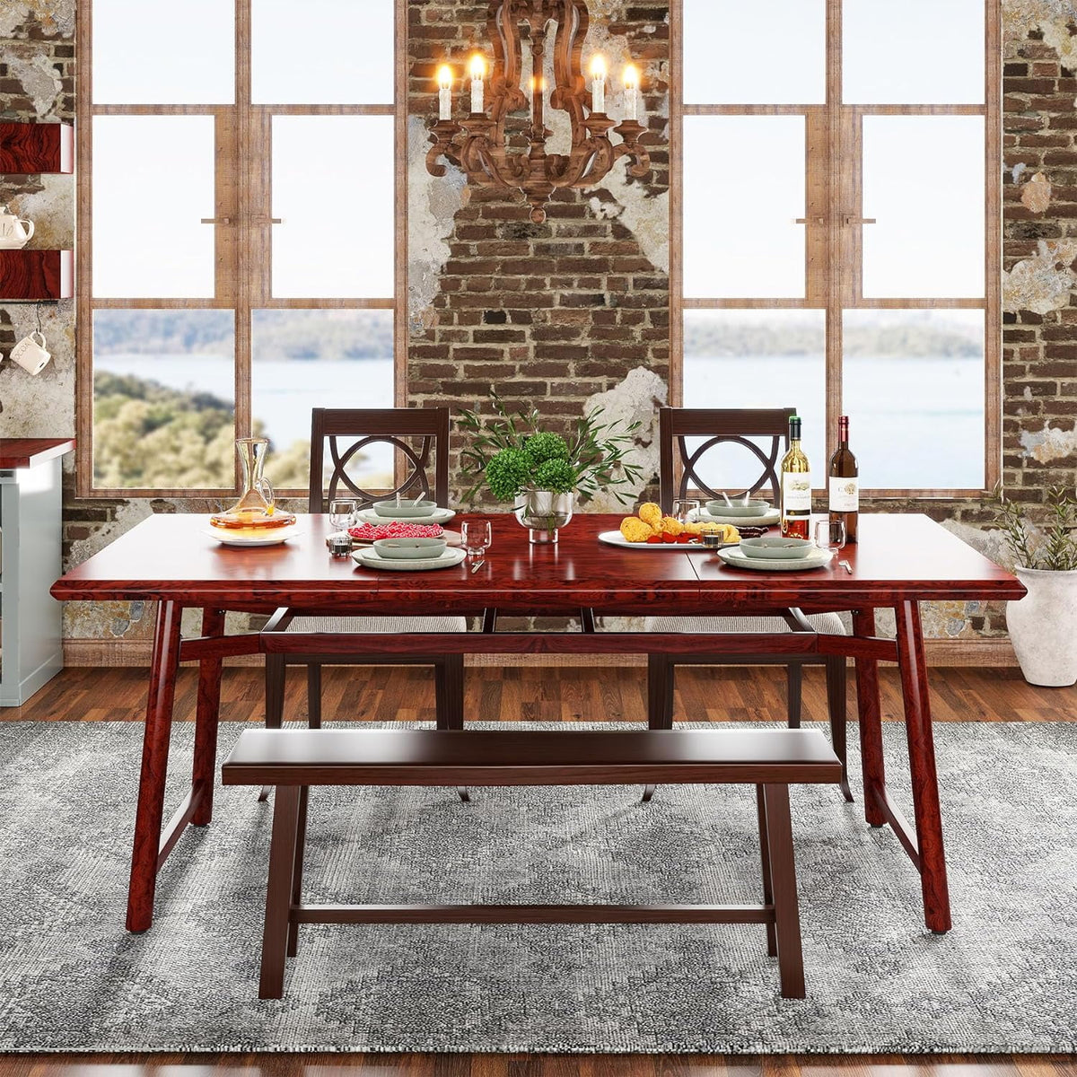 63" Rectangular Wood Dining Table with Metal Legs B440147