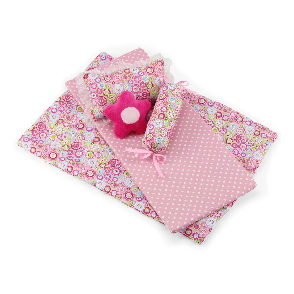 18 Inch Doll Canopy Single Bed with Doll Clothes Storage Drawer and 5 Piece Colorful Bedding Set W671960