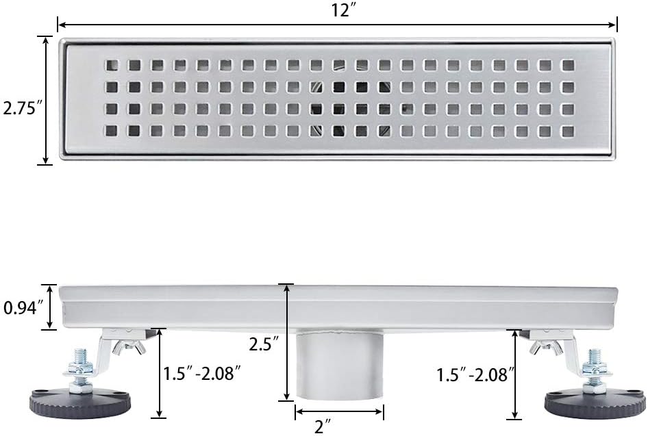 Brushed 304 Stainless Steel 12 inch Linear Shower Drain with Removable Grid Panel Z710979