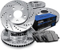 Front Rear Brake Rotors Drilled and Slotted Silver with Semi Metallic Brake Pads P81895