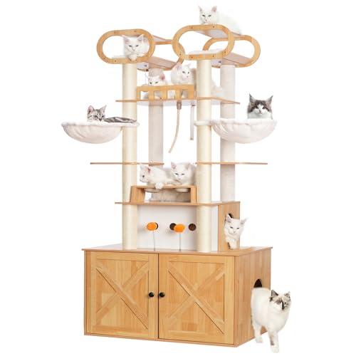 76.8-inch Wooden Cat Tree with Litter Box Enclosure and Scratching Post F674114