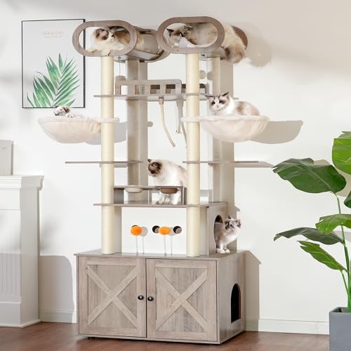 76.8-inch Wooden Cat Tree with Litter Box Enclosure and Scratching Post F674114