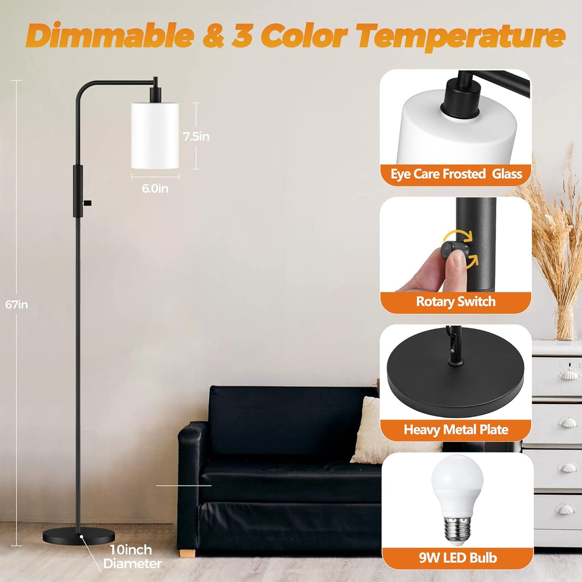 Black Dimmable Glass Shade Floor Lamp L159
