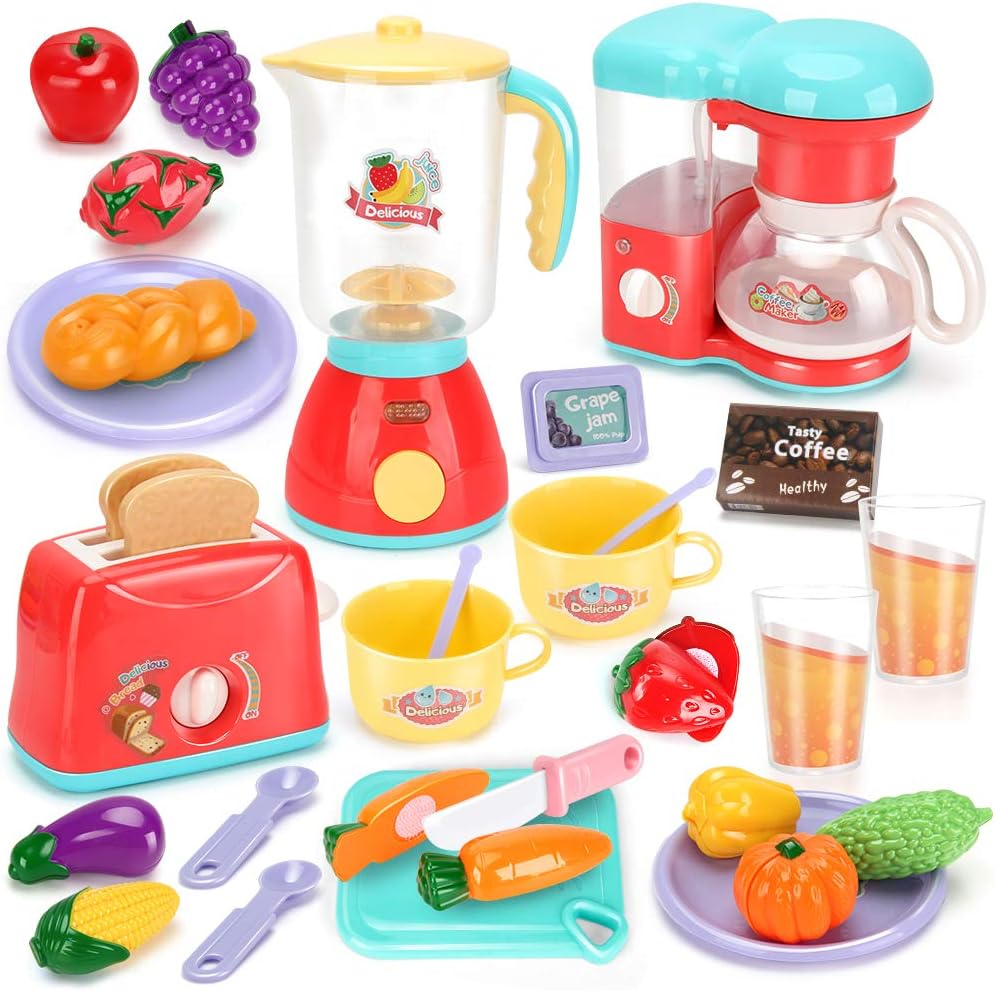 Kids Assorted Kitchen Appliance Toys, Pretend Kitchen Toy Set Includes Coffee Maker, Blender and Toaster, Cutting Play Food and Kitchen Utensils Accessories Q9317