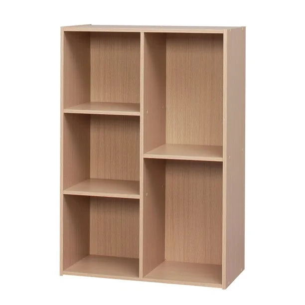 Light Brown 5-Compartment Wood Bookcase Storage Shelf E325
