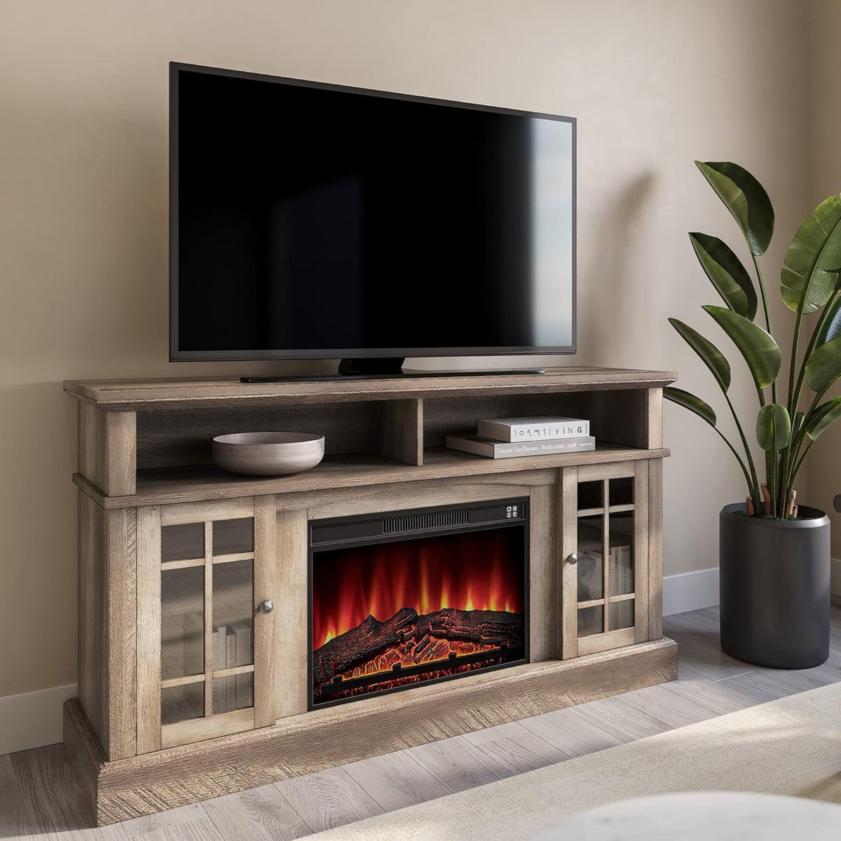 Rustic Electric Fireplace TV Stand with Open Storage Shelves & Cabinets R865
