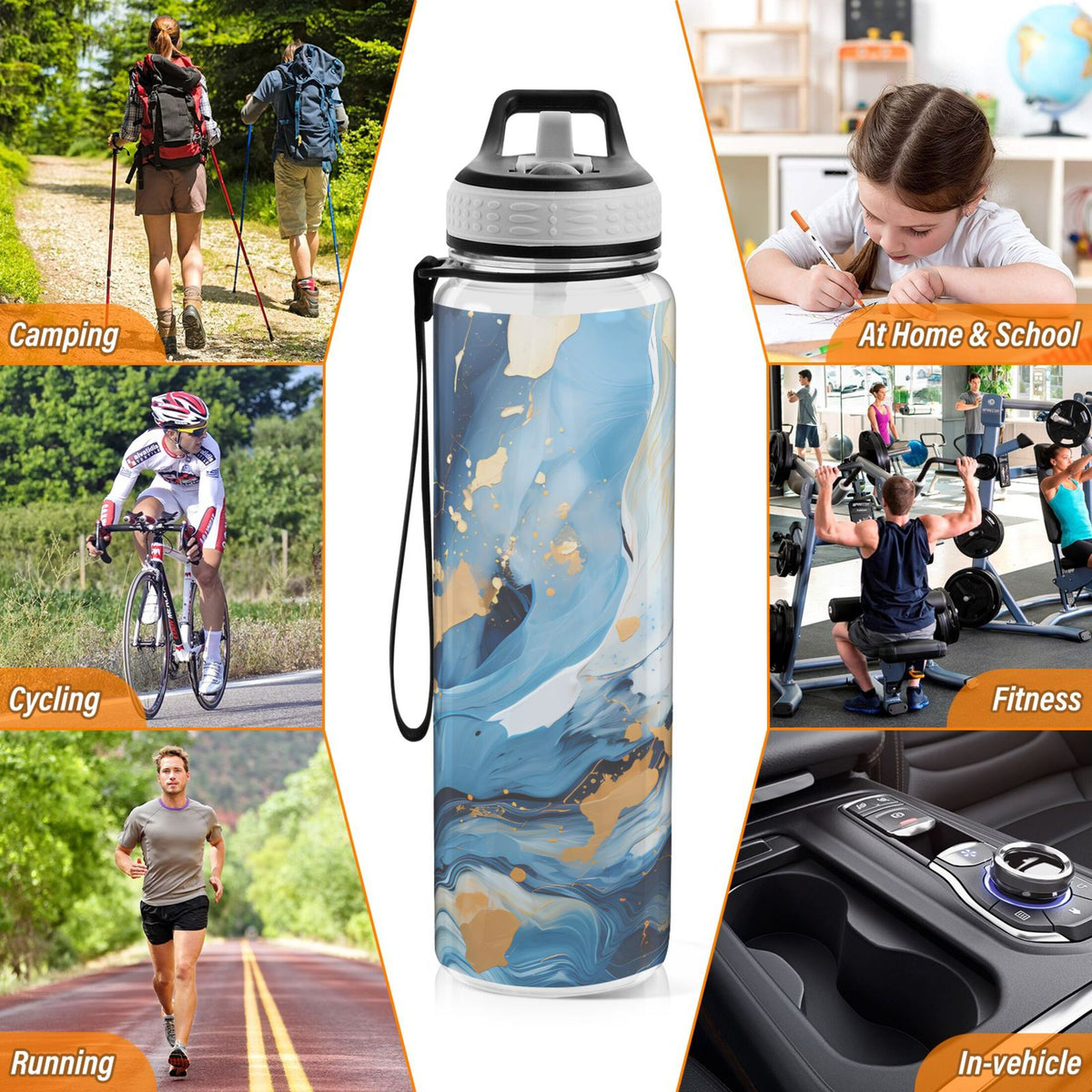 Marble Blue and Gold 32oz Tritan Leakproof Water Bottle with Straw Y246