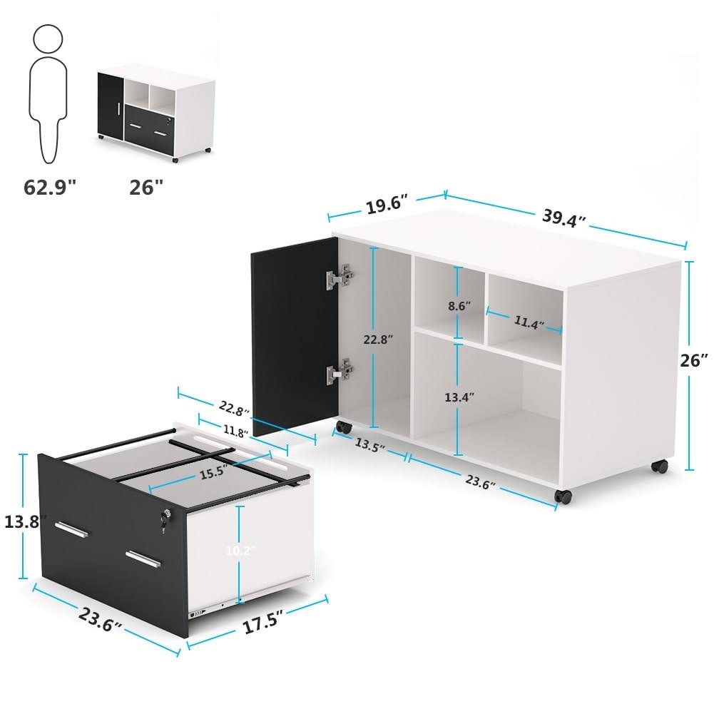 White/Black Mobile Lateral File Cabinet with Lock and Wheels K13391