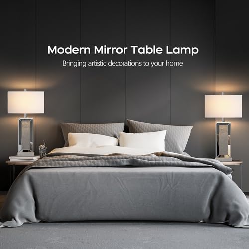 Table Lamp Set of 2 Touch Control Silver Mirror Crystal with USB C+A Ports 3-Way Dimmable White Fabric Shade Z129060