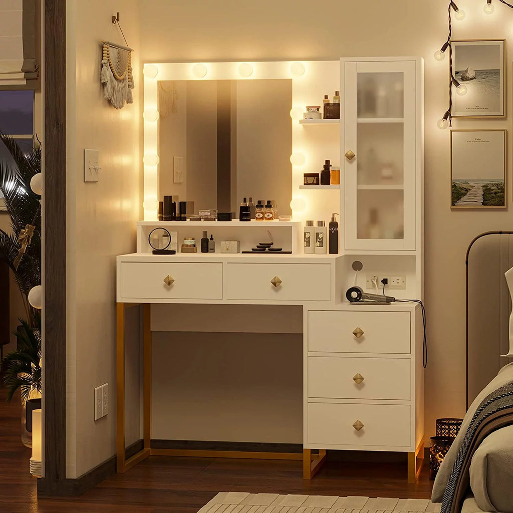 White Makeup Vanity with Lights and 5 Drawers F23083