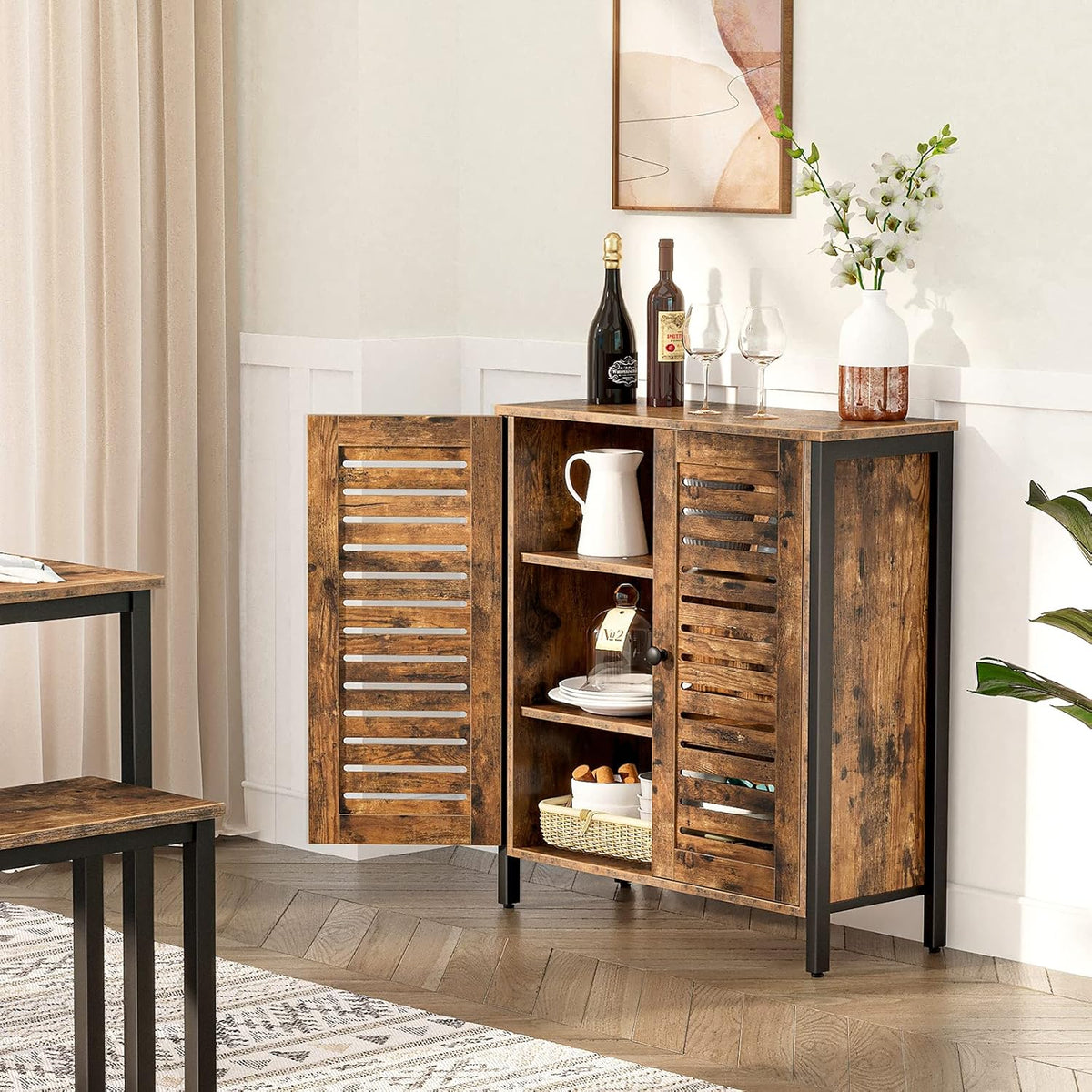 Rustic Brown Bathroom Cabinet with 2 Adjustable Shelves and Louver Doors R94024