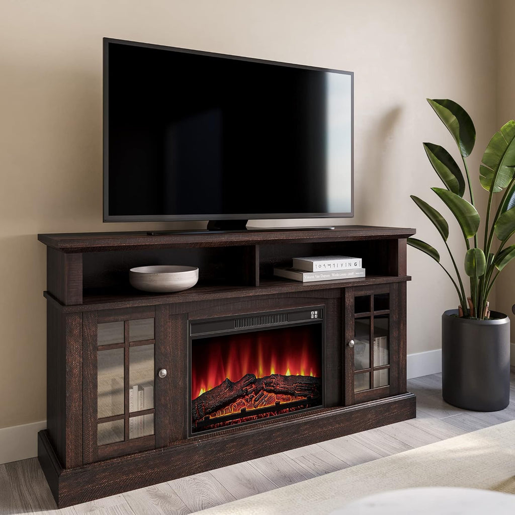 Rustic Electric Fireplace TV Stand with Open Storage Shelves & Cabinets R865