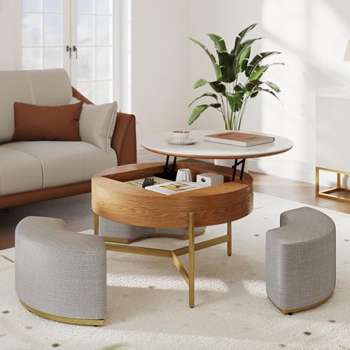 32" Round Marbling Pattern Slate Lift Top Coffee Table Set with Storage K681