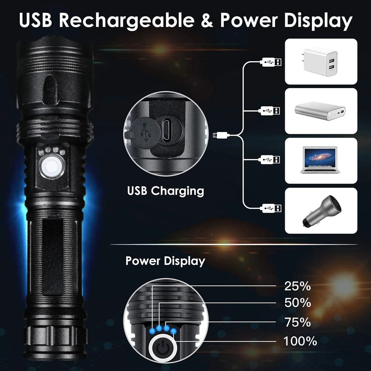 100000 High Lumens Usb Rechargeable Waterproof Flashlight W424176