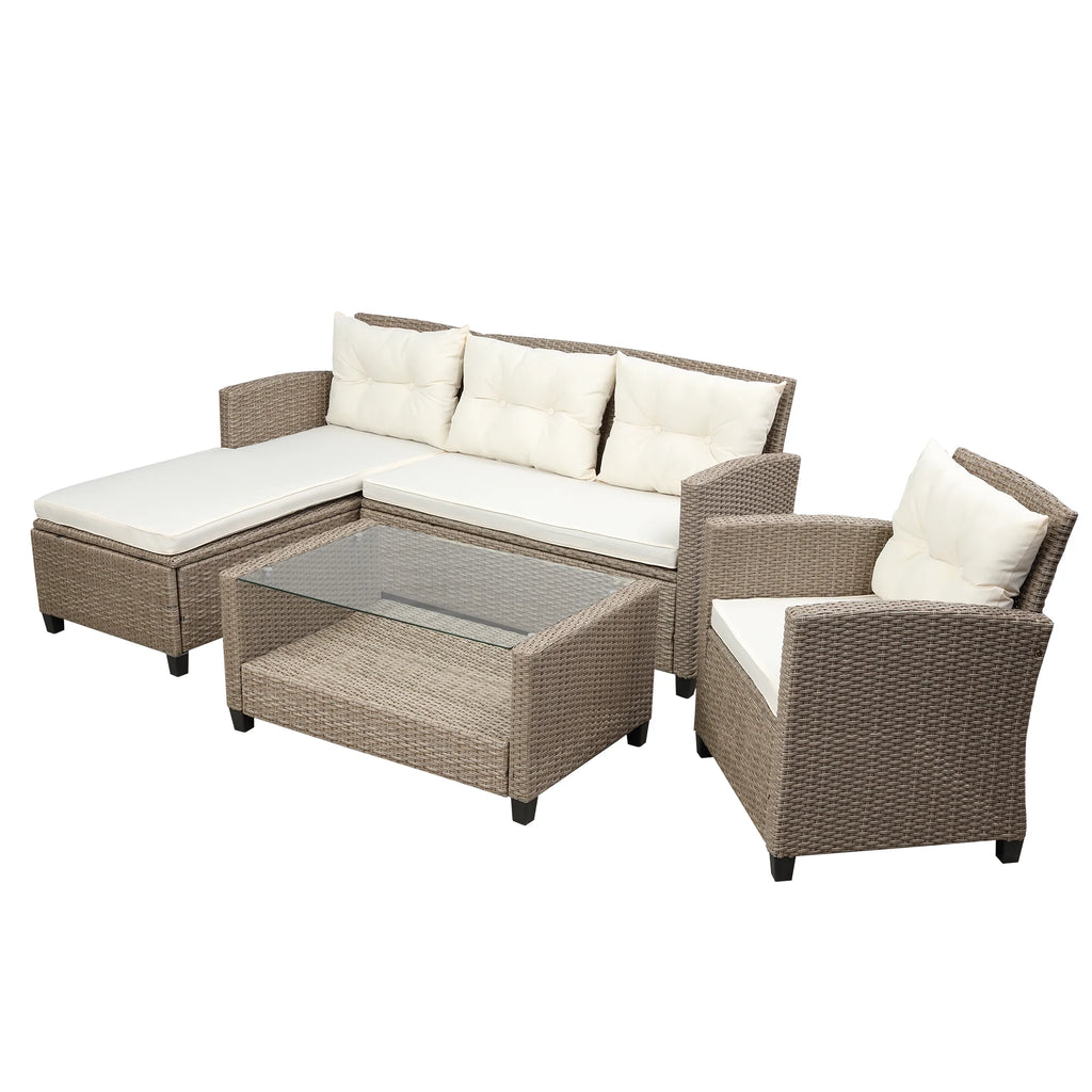 Beige Brown 4 Piece Wicker Rattan Sectional Sofa U88446