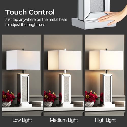 Table Lamp Set of 2 Touch Control Silver Mirror Crystal with USB C+A Ports 3-Way Dimmable White Fabric Shade Z129060
