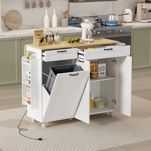 Rolling Kitchen Island with Power Outlet & Drop Leaf, Trash Storage Cabinet, Spice Rack & Towel Rack, Knife Holder B2008