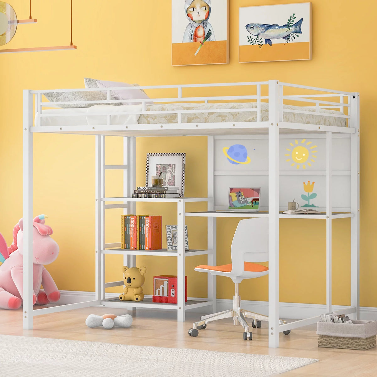 Full Size White Metal Loft Bed with Desk and Shelves P73859