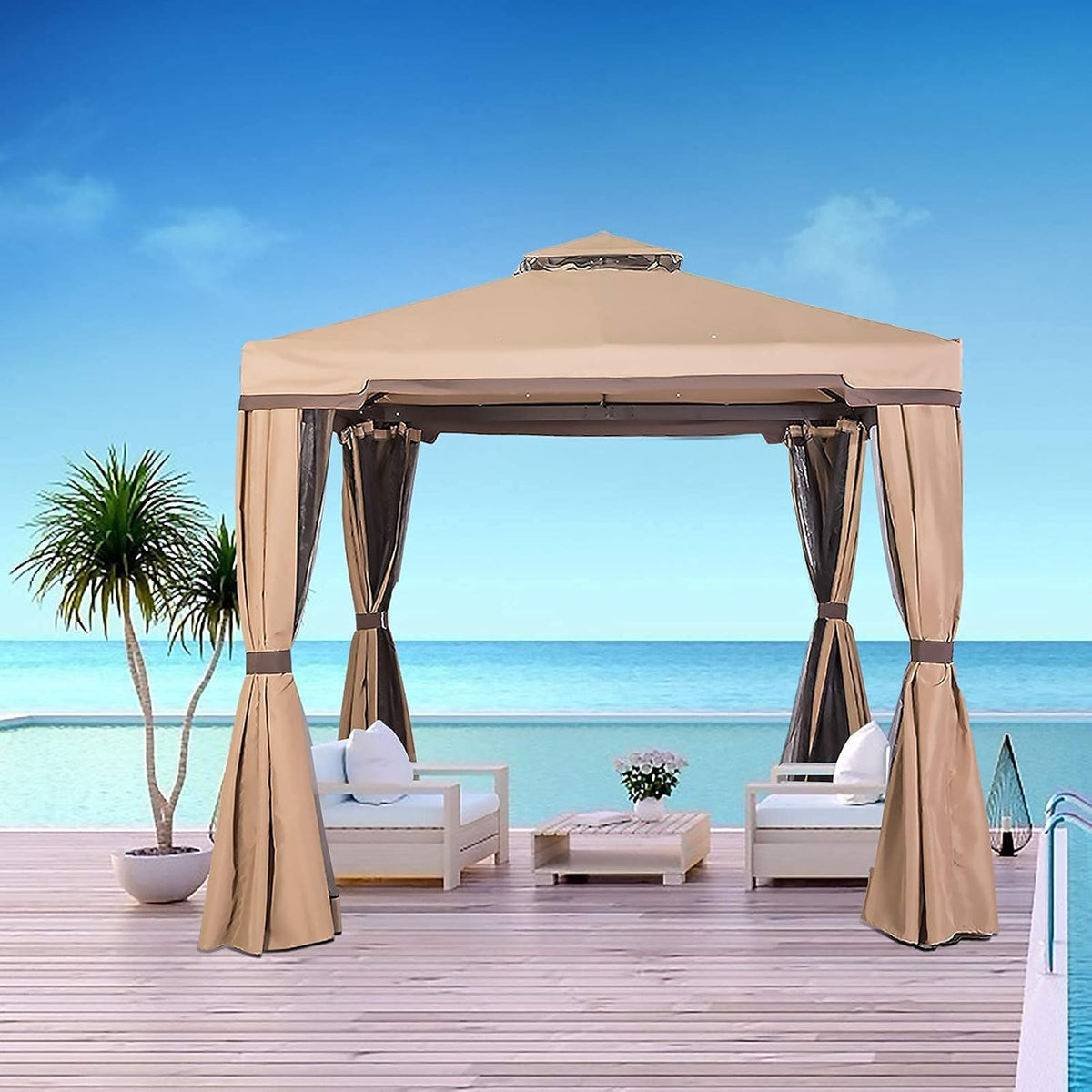 Beige 10 x 10 FT Outdoor Patio Gazebo with Mosquito Netting P555
