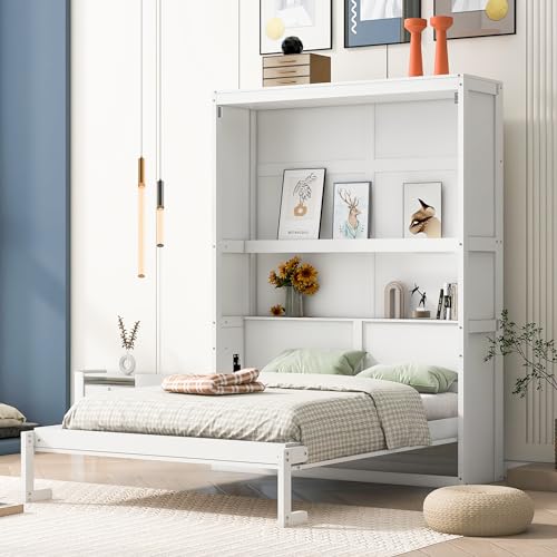 Gray Queen Size Wood Murphy Wall Bed with Shelves A691