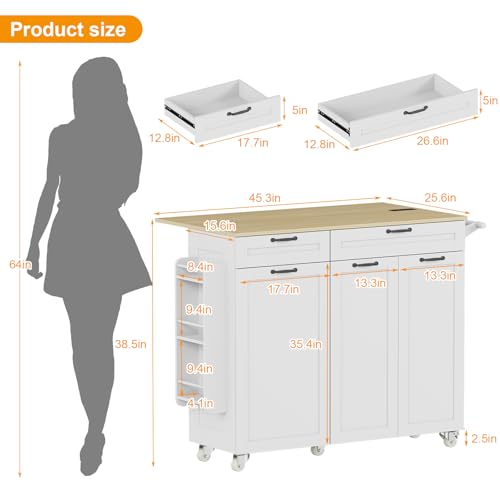 Rolling Kitchen Island with Power Outlet & Drop Leaf, Trash Storage Cabinet, Spice Rack & Towel Rack, Knife Holder B2008