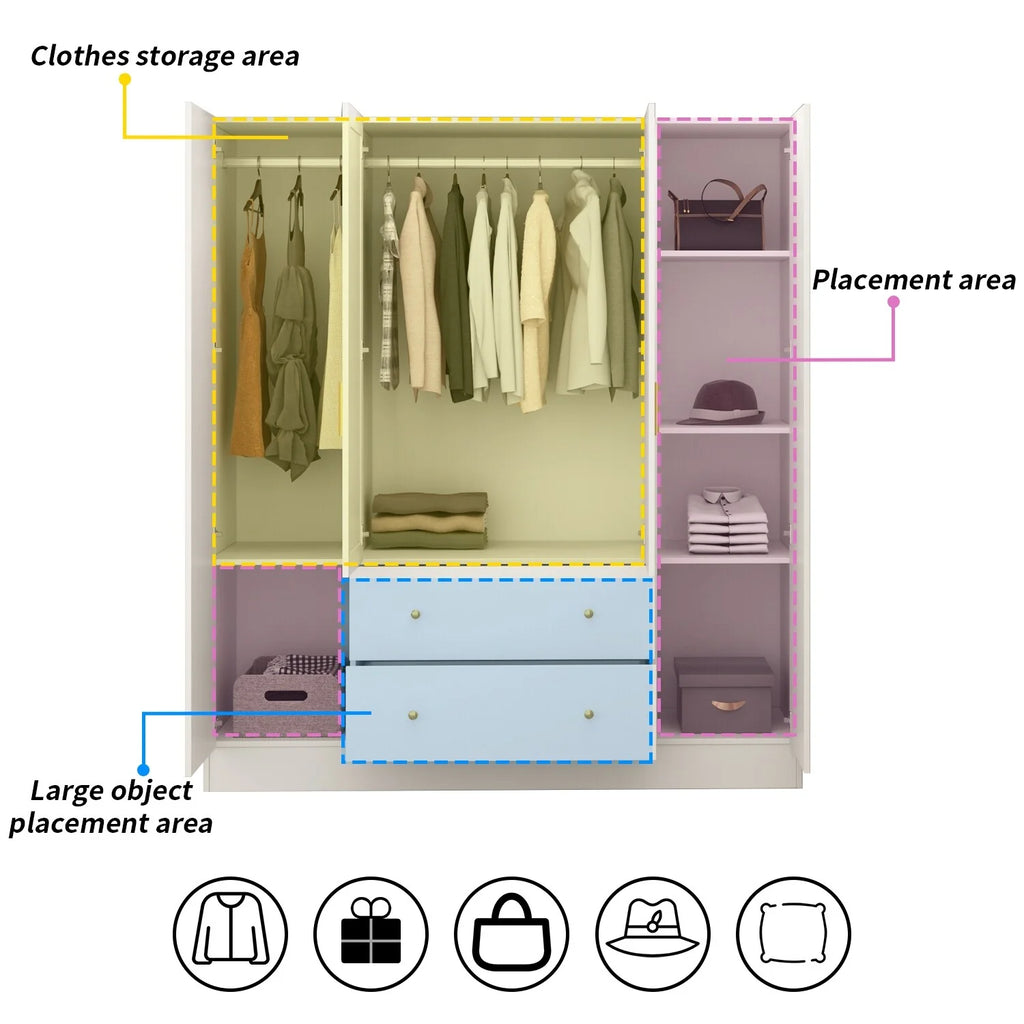 White 4 Door 2 Drawer Wooden Wardrobe with Mirror N114