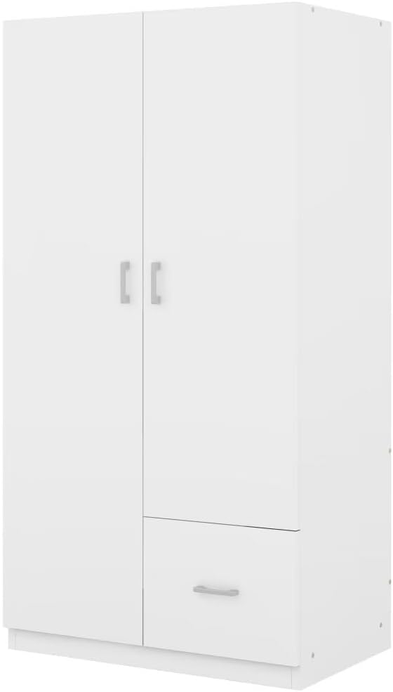 White 2 Door Wood Wardrobe with 5 Fixed Shelves and Hanging Rod Q875136
