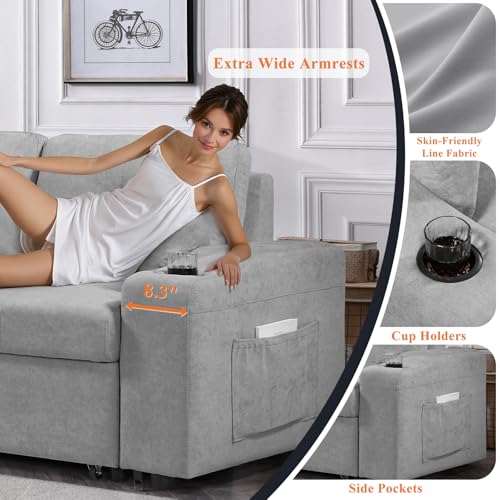92" Reversible Sleeper Sectional Sofa with Storage Chaise, Light Gray Linen Fabric I28370