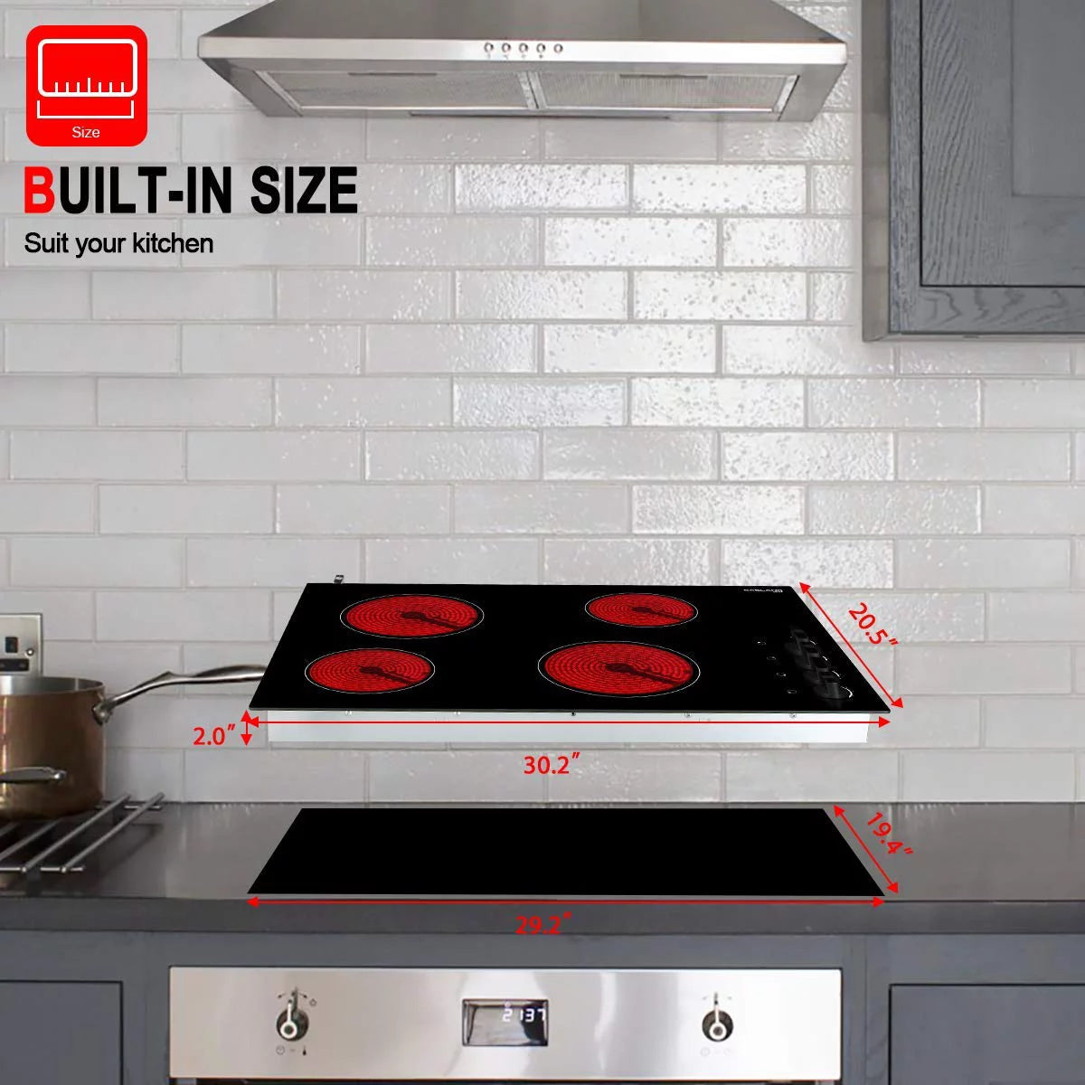 Built-in Electric Stove, 30 Vitro Ceramic Surface Radiant Electric Cooktop, 4 Burners O583429