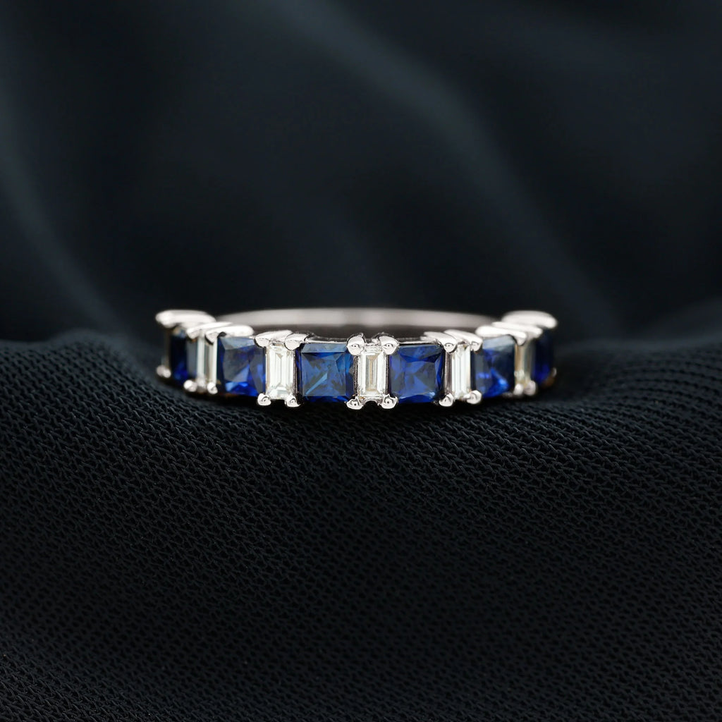 Lab Created Blue Sapphire Half Eternity Ring with Diamond - 2 CT, 14K White Gold, US 6.00 W64887