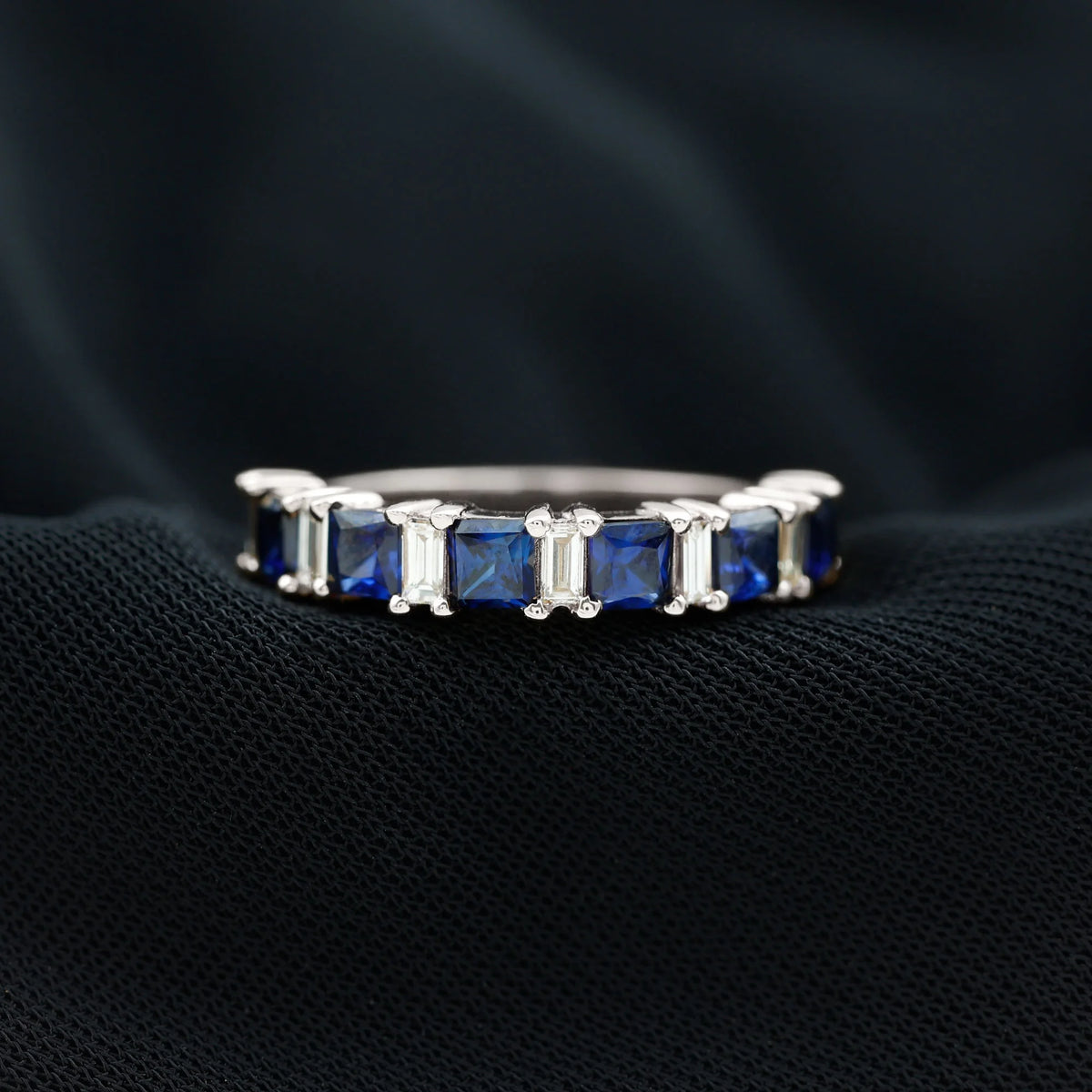 Lab Created Blue Sapphire Half Eternity Ring with Diamond - 2 CT, 14K White Gold, US 6.00 W64887