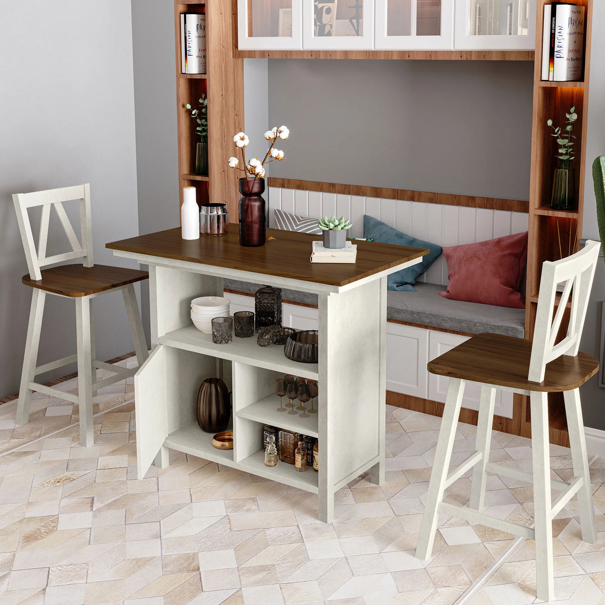 3-Piece Counter Height Wooden Dining Table Set with Storage Cabinet Q42550