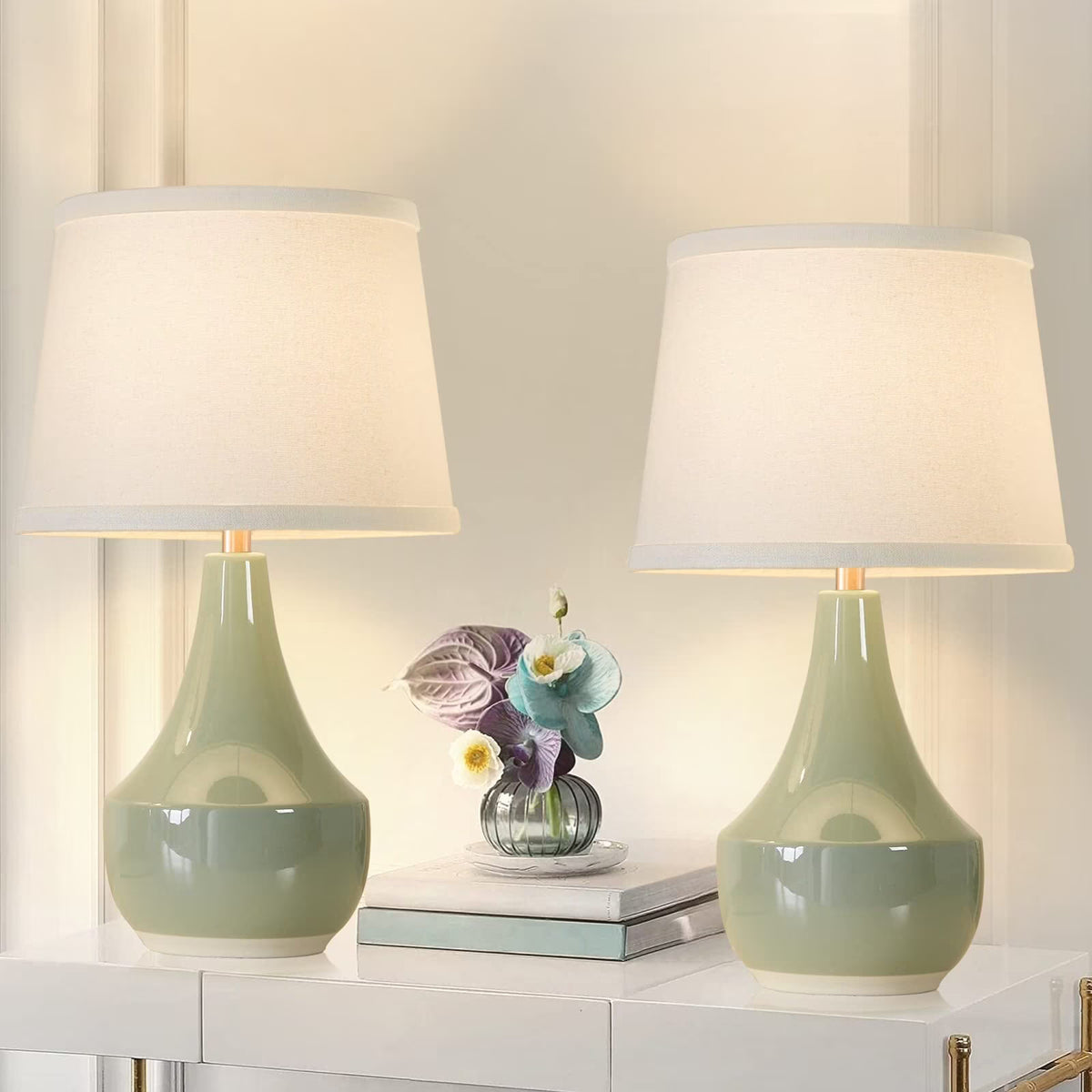 Sage Green Ceramic Table Lamp Set of 2 with Rocker Switch I8662